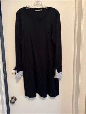 LOFT Black Knit Long-Sleeve Dress with Striped Cuff Detail